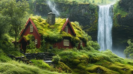The panorama of the highest waterfall gives a sense of power, traditional old settlement. House with moss on the roof