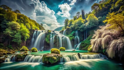 Aerial panoramic infrared photography captures Datanla Waterfall's stunning Vietnamese landscape.