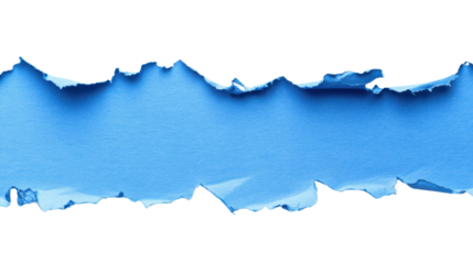 Torn horizontal blue paper strip with transparent background revealing checkered pattern. Transparent background