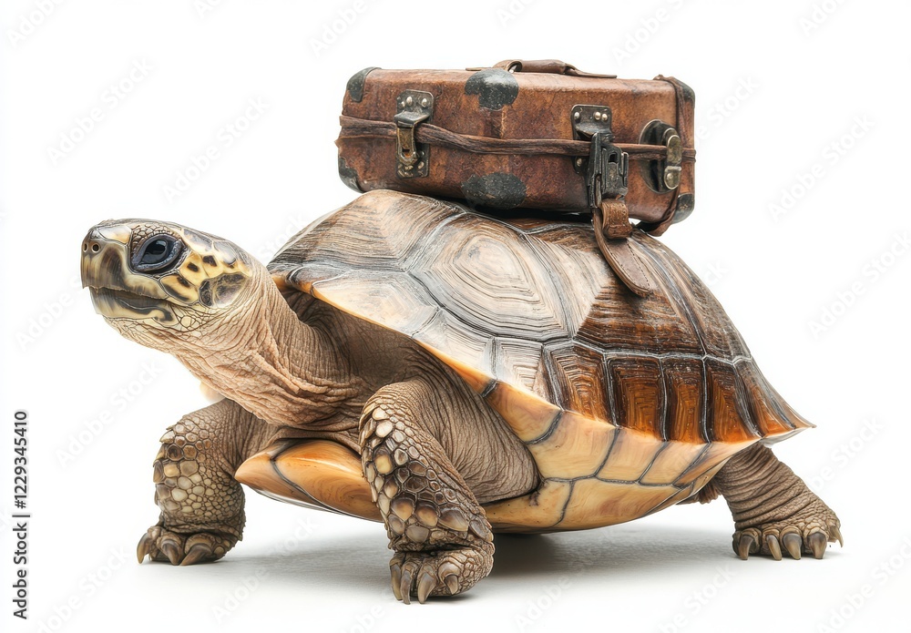 Poster a whimsical turtle carrying a vintage suitcase on its shell, blending nature and travel in a charmin