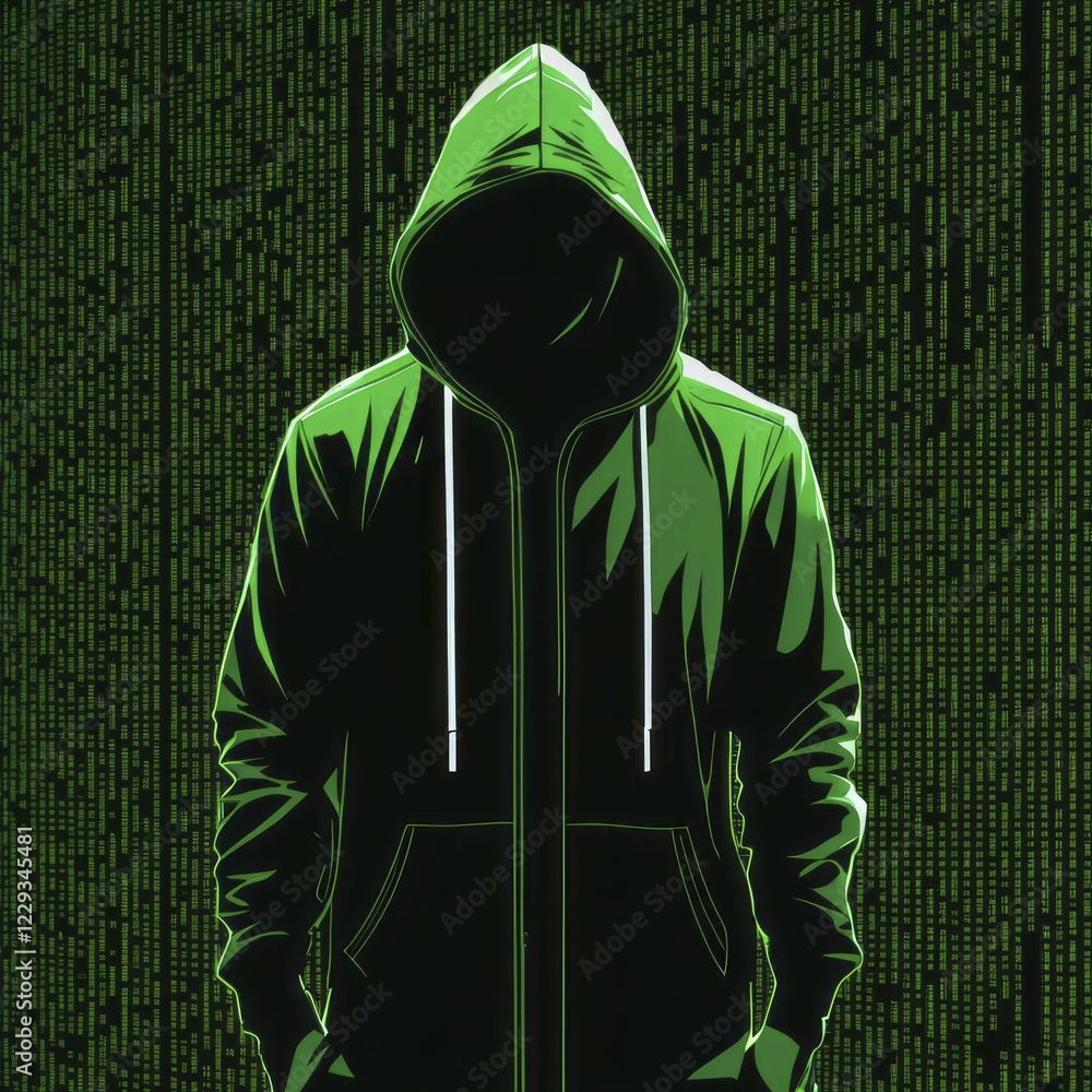 Aufkleber a hooded figure is illustrated with a glowing green jacket, standing in front of a backdrop filled w