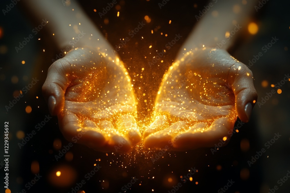 Poster hands carrying glowing particles amidst a dark background evoke a sense of magic and wonder in an en