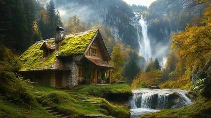 The panorama of the highest waterfall gives a sense of power, traditional old settlement. House with moss on the roof