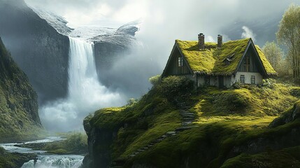 The panorama of the highest waterfall gives a sense of power, traditional old settlement. House with moss on the roof