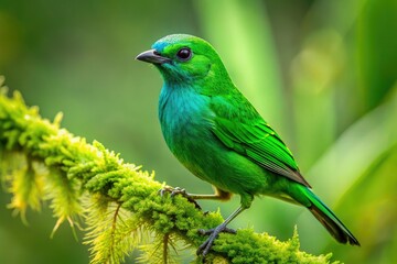 Obraz premium Aerial view of a Glistening Green Tanager (Chlorchrysa phoenicotis) in Ecuador's Amagusa, Western Andean slopes.