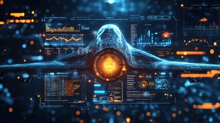 Turbine aircraft head up view set with futuristic user interface. with infographics and data.Abstract blue and yellow effect 