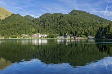 Arabella Alpenhotel, hotel, with lake and town of Spitzingsee, Schliersee, Rauhkopf mountain...