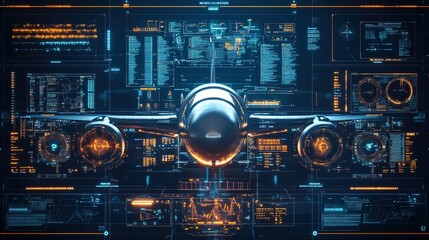 Turbine aircraft head up view set with futuristic user interface. with infographics and data.Abstract blue and yellow effect 