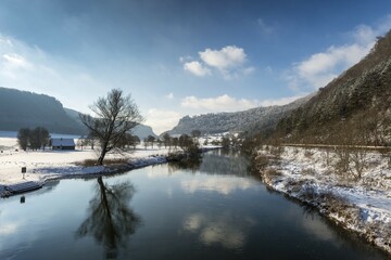 Danube River in the wintry Upper Danube Valley, Hausen im Tal, Donautal, Baden-Württemberg, Germany, Europe