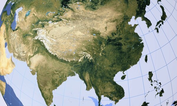 Asian continent map on Earth globe 3D illustration China India and Mongolia closeup