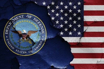 Flags of Department of Defense and USA painted on cracked wall