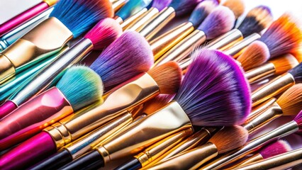 Fototapeta premium A high-resolution drone shot reveals a vibrant collection of makeup brushes artfully arranged on a pristine white background.