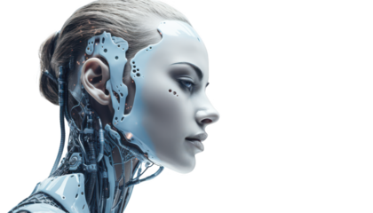 Female humanoid symbolizing artificial intelligence isolated on transparent background