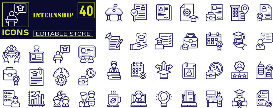 Internship Editable Stroke Icon Concept. This set includes icons for goals, skills, knowledge, mentoring, jobs, profiles, people, practice, opportunities, and training. Features editable outline icons
