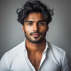 Obraz premium Handsome Indian man in a white top, with messy hair and stubble, headshot photography.