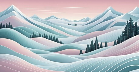 Christmas-themed abstract landscape with fluid, flowing lines representing snow-covered hills and trees in soft, pastel shades, AI generated