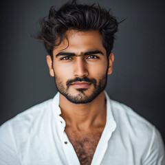 Fototapeta premium Handsome Indian man in a white top, with messy hair and stubble, headshot photography.