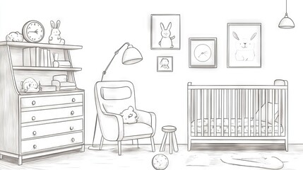 Fototapeta premium linear nursery interior drawing, vintage inspired lounge chair, organized shelf unit illustration, white baby crib outline, modern storage dresser, classic analog clock, decorative bunny wall art,