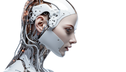 Female humanoid symbolizing artificial intelligence isolated on transparent background