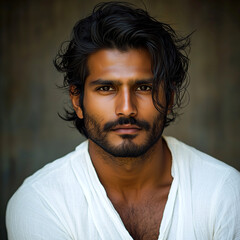 Fototapeta premium Handsome Indian man in a white top, with messy hair and stubble, headshot photography.