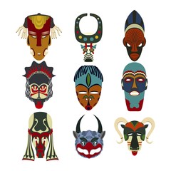 Vector tribal masks set, isolated objects over white background