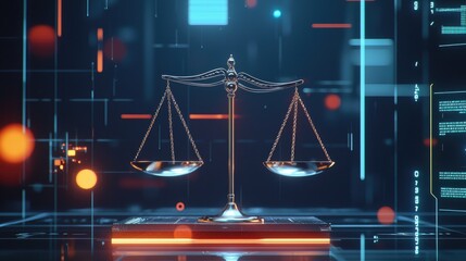 Digital Justice, Scales of Justice in a futuristic technological landscape.