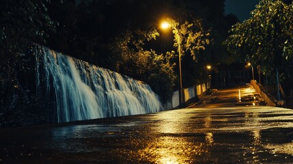 Waterfall Night View Classic Long Exposure of a Famous and Majestic Waterfall A beautiful view at night. Cascade waterfall Passing the main road. Cool summer and rainy days.