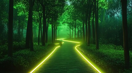 Fototapeta premium Illuminated path winding through misty green forest at night