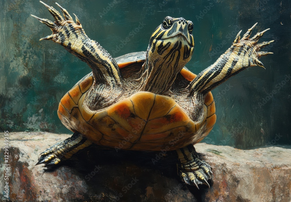 Poster captivating painted turtle with outstretched legs facing camera, displaying detailed shell patterns 