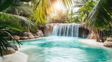 Waterfall Panoramic view. Traveling Vacation and travel in summer white powder on background