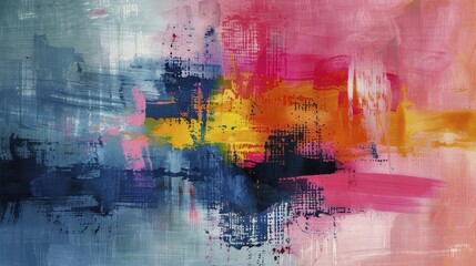 A textural abstract painting with bold and colorful brush strokes in pink, orange, blue, and yellow, AI generated
