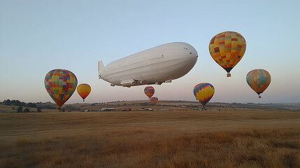 Obraz premium Airship and hot air balloons over field at dawn. Travel, adventure stock photo