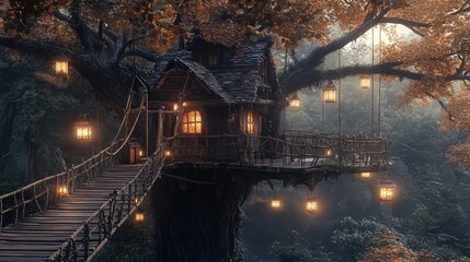 Fototapeta premium Enchanted Treetop House: A whimsical treehouse nestled amongst ancient trees, illuminated by glowing lanterns hanging from branches, creating a magical, fairytale atmosphere.