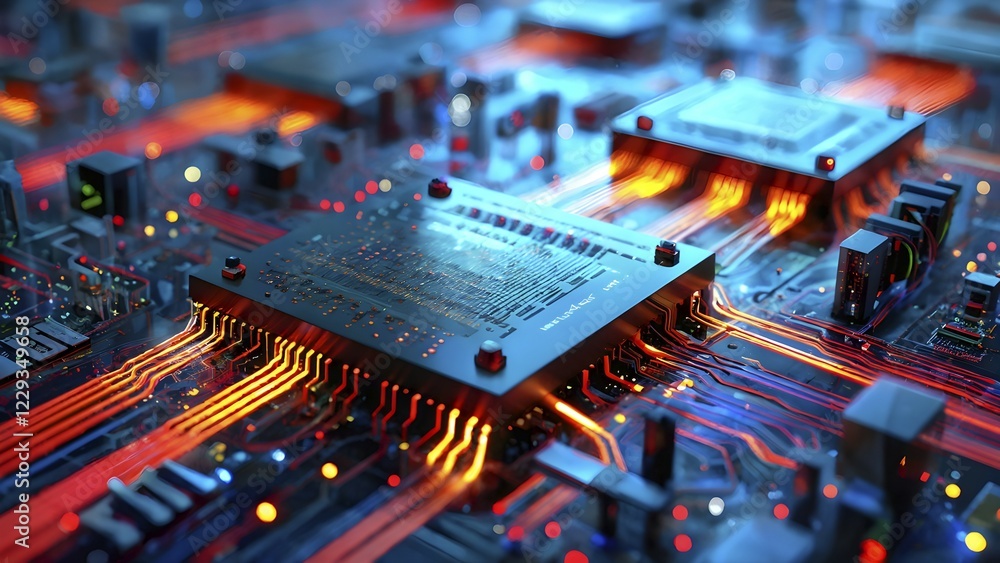 Poster illustration of abstract data stream cascades over a circuit board transforming into swirling inform