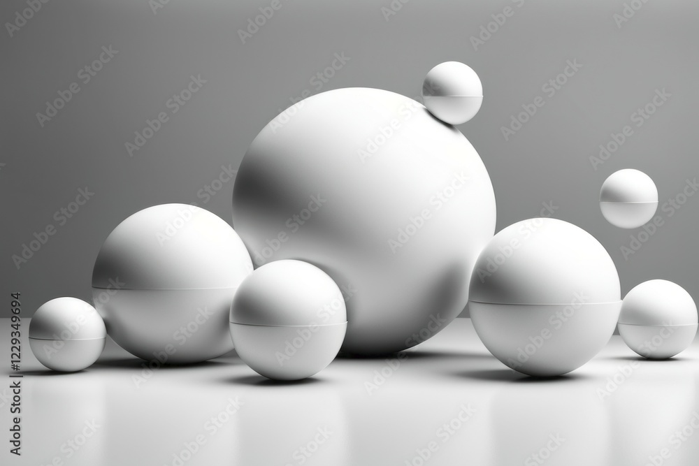 Poster minimalistic 3d rendering of white floating spheres on a monochrome grey background, ai generated
