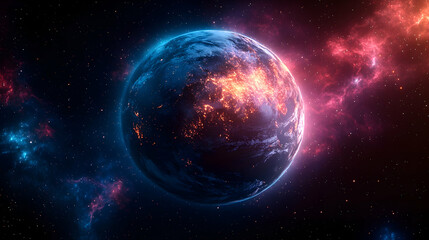 Fototapeta premium Alien Planet Night Lightscape, Space Nebula Background, Sci-Fi Concept, Digital Art