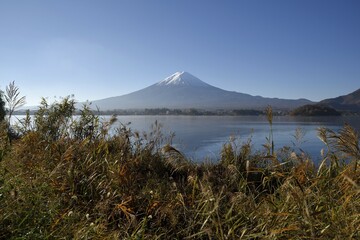 Volcano Fuji or Fudschijama with snow-covered summit, 3776 meters, with Kawaguchi Lake, near Fujikawaguchiko, Yamanashi Prefecture, Honshu Island, Japan, Asia