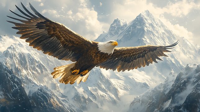Elegantly detailed vector graphic of a soaring eagle with outstretched wings against a backdrop of mountain peaks, symbolizing freedom and majesty ::2 majestic flight, rugged landscapes, noble 