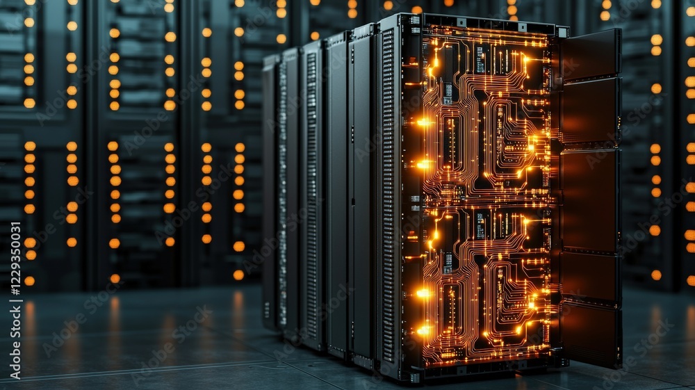 Poster battery storage power management concept. a high-tech server rack with illuminated components, showc