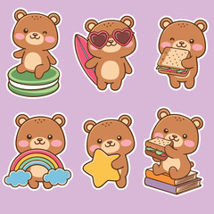 a set of six adorable cartoon bears in different poses and activities