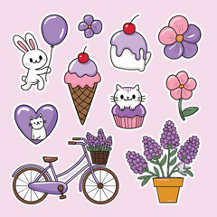 A set of whimsical, cartoon stickers in a pastel purple color scheme