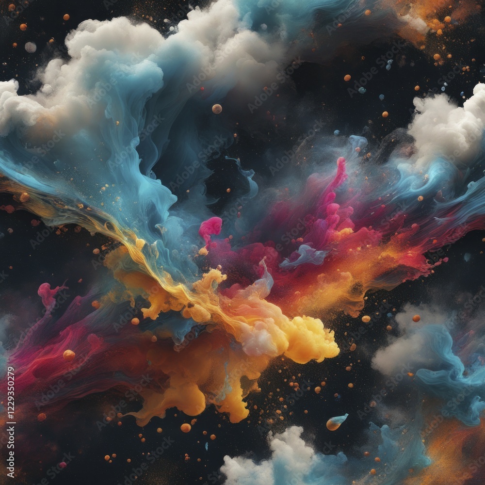 Poster dynamic mixture of colorful clouds and particles in an explosive abstract form, ai generated
