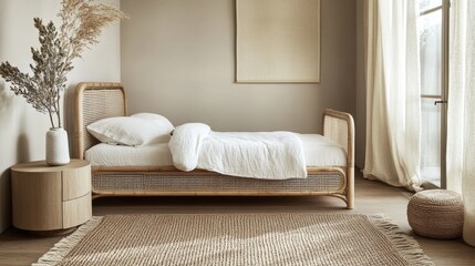 minimalist organic kids interior, soft beige backdrop, natural cane bed construction, cloud white bedding ensemble, wooden round bedside table, dried botanical arrangement, matte white pottery,