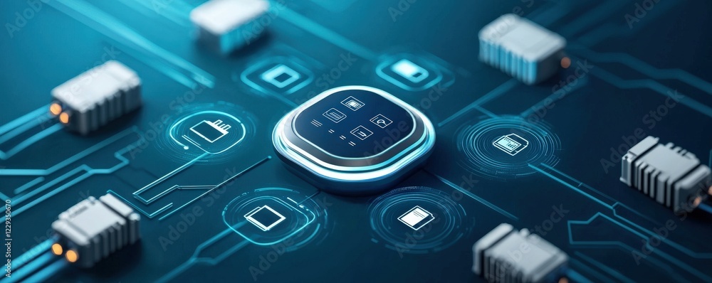 Aufkleber battery storage power management concept. a digital circuit with a central processor and various con