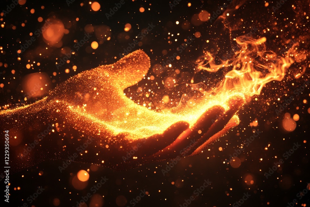 Poster hands releasing glowing sparks, representing energy and creativity in a mesmerizing display of light