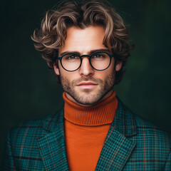 Obraz premium A male model with wavy hair, wearing retro sunglasses and an orange turtleneck sweater under a teal plaid blazer, poses against a dark green backdrop for a high-fashion magazine cover shoot. 