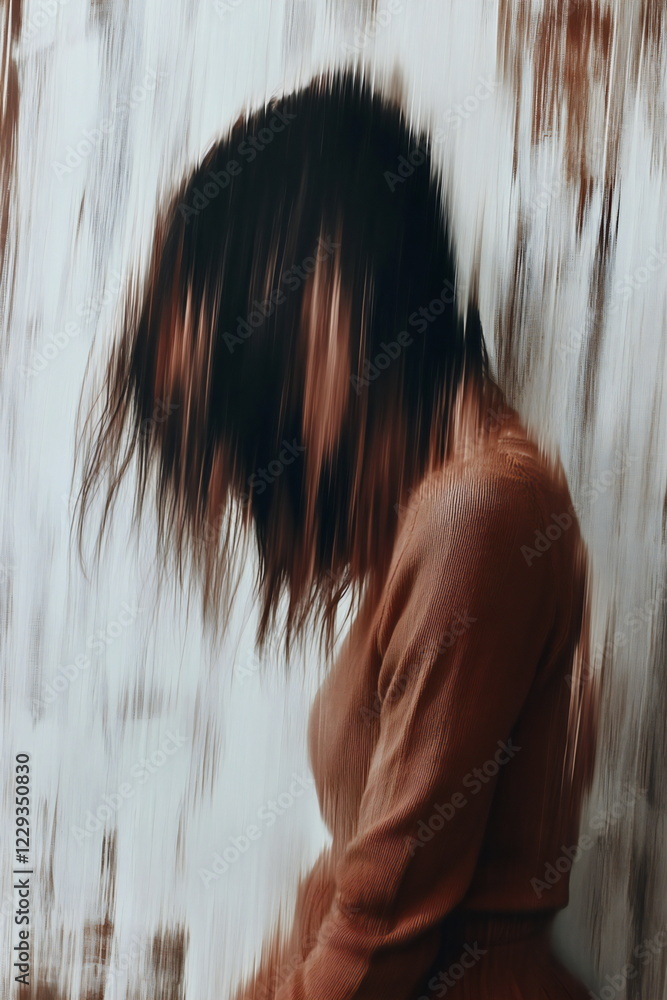 Poster Capturing motion and emotion through blurred movement of a woman in an artistic setting with textured background