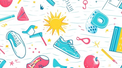 playful learning pattern design, horizontal lined background, joyful school equipment motifs, radiant sun drawings, multicolored rainbow shapes, teal sneaker illustrations, red fruit elements, blue