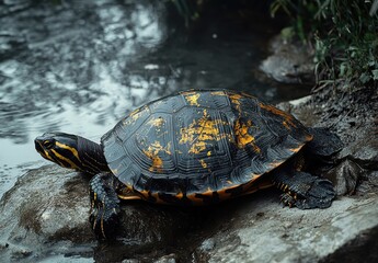 Close-Up of a Colorful Turtle Sunbathing on a Rock Beside a Calm Waterbody in a Natural Habitat Setting