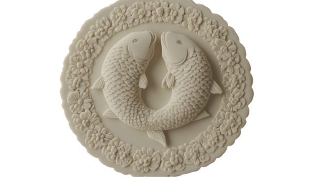 Cream Colored Circular Fish Relief Sculpture with Intricate Flor